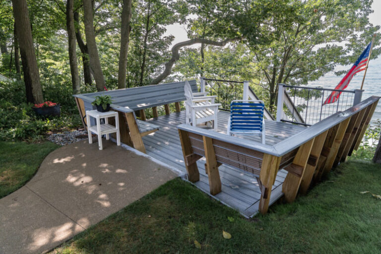 Deck looking out over Lake Michigan with built in Seating